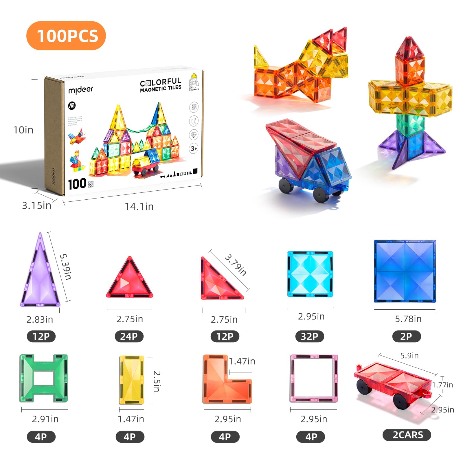 Mideer - Colorful Magnetic Tiles - 100Pcs - View 1