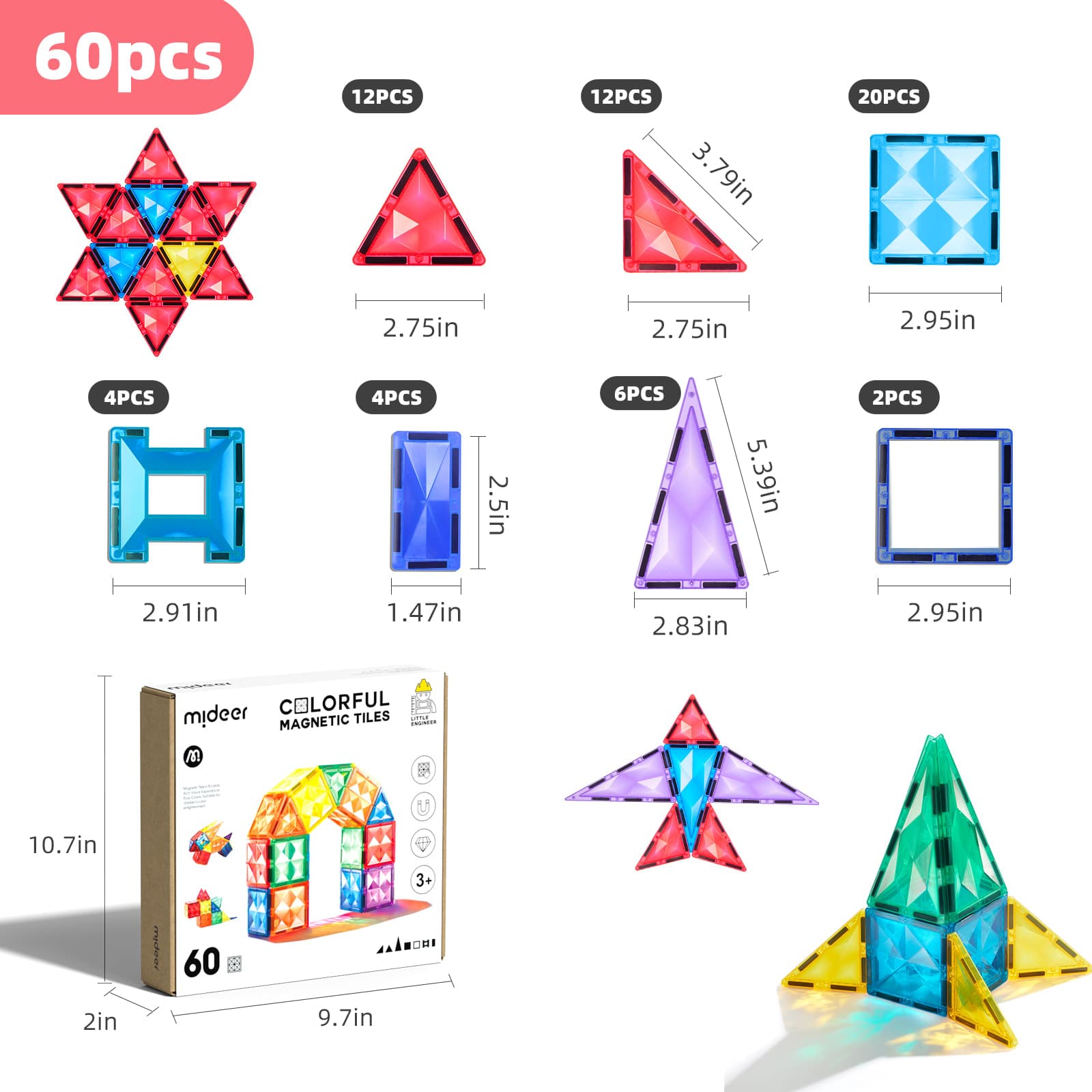 Mideer - Colorful Magnetic Tiles - 60Pcs - View 1