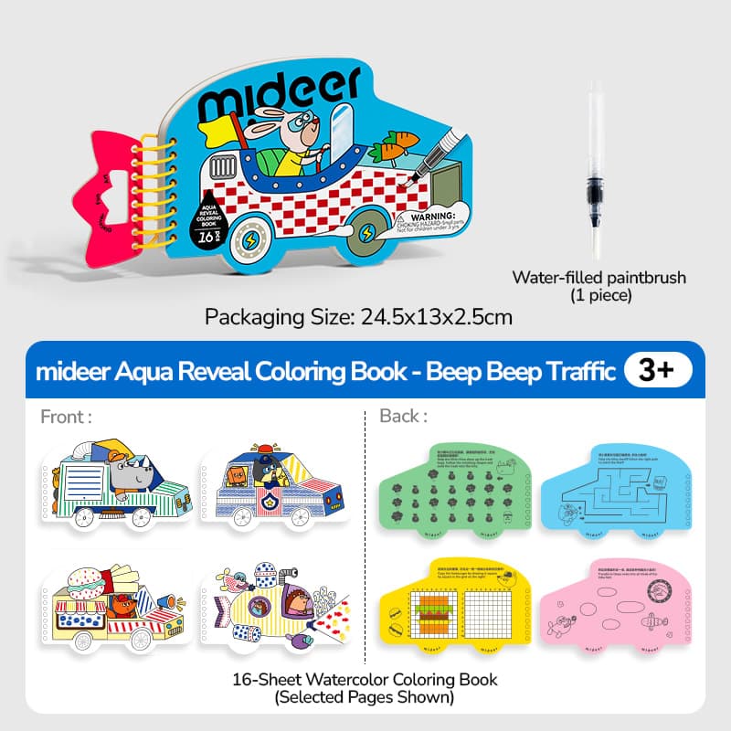 Mideer Aqua Reveal Coloring Book - Busy Wheels - View 1